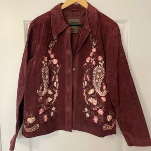 Brandon Thomas Burgundy Leather Jacket with Floral Embroidery